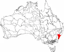 A black and white outlined map of Australia, with a small red section at the bottom left corner of New South Wales, indicating that this region is the Sydney Basin.