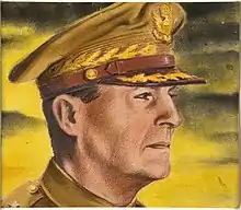 A painting of General MacArthur in his peaked cap, staring into the rising sun.