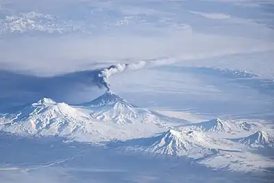 Annotated view includes Ushkovsky, Tolbachik, Bezymianny, Zimina, and Udina. An Oblique view was taken on November 16, 2013 from ISS. Bezymianny can be seen 2nd from the right. A small plume of "smoke" can be seen.