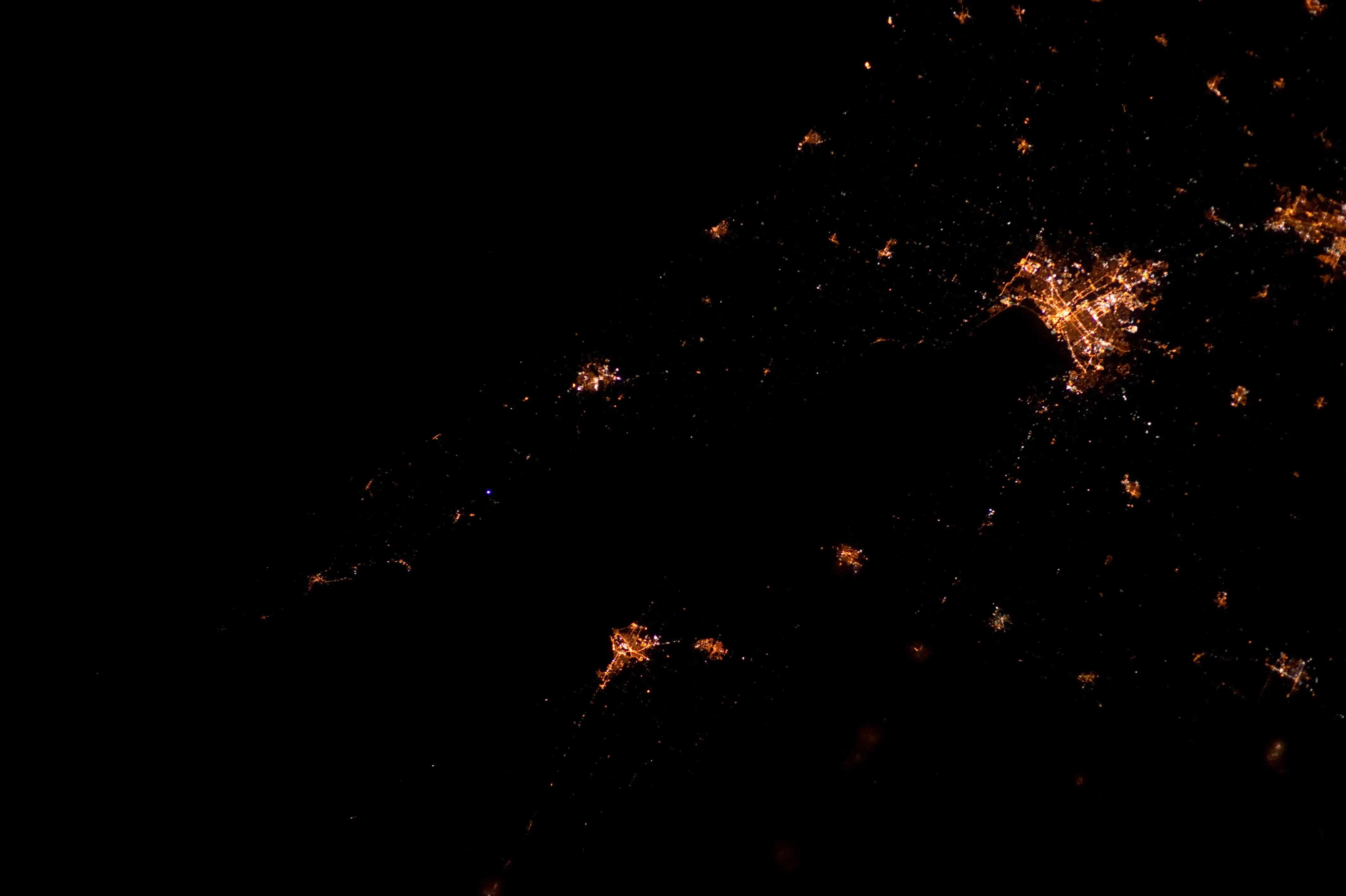 Sister Bay, left, and Ephraim, right taken 1:10 AM CDT, March 27, 2012 during Expedition 30 of the ISS.