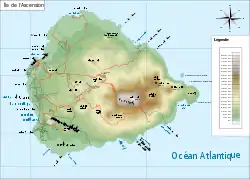 French map of Ascension Island showing Georgetown's location, close to Clarence Bay.