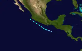 Map plotting the track and the intensity of the storm, according to the Saffir–Simpson scale