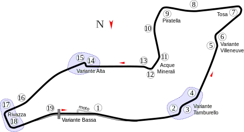 Track layout of the Imola circuit. The track runs anticlockwise and has nineteen corners, including the sharp hairpin at turn seven, Tosa, and three chicanes to slow cars down. The pit lane is on the outside of the track, with its entry located after turn eighteen and its exit located on the run to turn two.