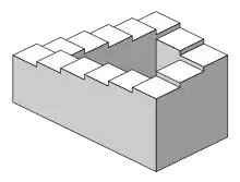 Penrose stairs – created by Oscar Reutersvärd and later independently devised and popularised by Lionel Penrose and his mathematician son Roger Penrose. A variation on the Penrose triangle, it is a two-dimensional depiction of a staircase in which the stairs make four 90-degree turns as they ascend or descend yet form a continuous loop, so that a person could climb them forever and never get any higher.