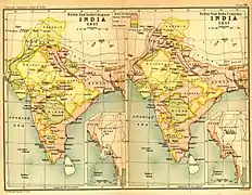 Growth of East India Company controlled territories (pink) between 1765, 1805, 1837 and 1857