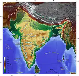 Geographical features of the Indian subcontinent.