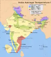 "India Average Temperature Map": A map of India overlaid with five zones. A violet zone, with ambient temperatures averaging less than 20.0 degrees Celsius, envelops Himalayan and trans-Himalayan India, as well as the Khasi Hills on the Meghalaya Plateau. A transitionary blue zone of between 20.0 and 22.5 degrees, lies just south of the violet areas; another blue area lies in the extreme southwest of the country, focused on the high Western Ghats. Two contiguous green areas (averaging 22.5 to 25.0 degrees) envelop the blue regions, with the northern one snaking into the Vindhya Range of central India. The remaining yellow and red areas, designating average temperatures above 25.0 degrees Celsius, constitute by far the greater part of the country.