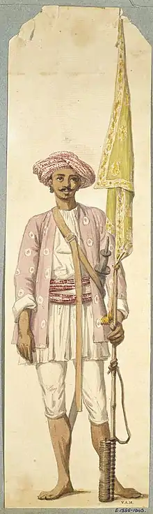 A Mysorean soldier from India, using his Mysorean rocket as a flagstaff (Robert Home, 1793/4).