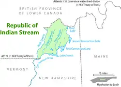 Location of the Republic of Indian Stream, bordered to the north by the British colony of Lower Canada and to the south by the American state of New Hampshire.