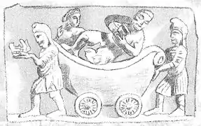 Drawing of two people pushing two other people in a wagon