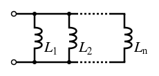 A diagram of several inductors, side by side, both leads of each connected to the same wires