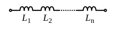 A diagram of several inductors, connected end to end, with the same amount of current going through each