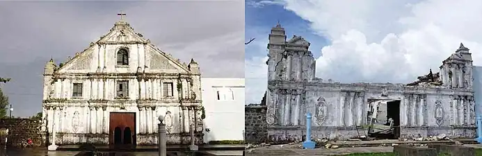 Guiuan Church before (left) and after (right) Typhoon Haiyan.