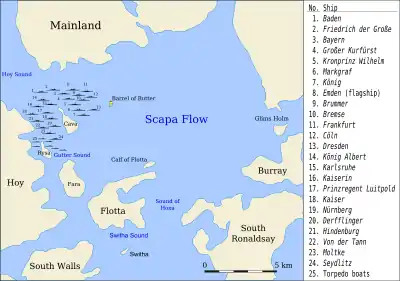 A map designating the locations where the German ships were sunk