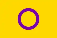 A yellow background with a purple circle in the middle, representing intersex people.