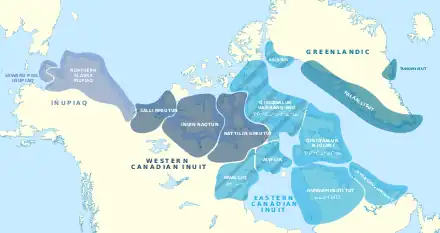 Map of the North American Arctic with coloured zones to indicate the primary Inuit language or dialect spoken within the area