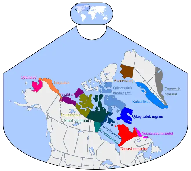 Inuktitut dialect map with labels in Inuktitut inuujingajut or local Roman alphabet