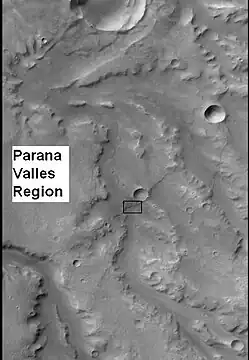 CTX context image for next image that was taken with HiRISE. Note long ridge going across image is probably an old stream. Box indicates area for HiRISE image. Image located in Margaritifer Sinus quadrangle.