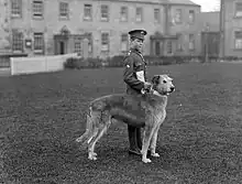 Member of the Irish Guards, pictured at Waterford Barracks with the regiment's mascot, an Irish Wolfhound named Leitrim Boy