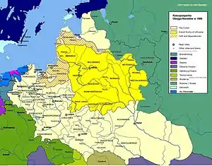 Map of the Polish–Lithuanian Commonwealth after its formation in 1569, with visible Polish–Lithuanian border. Ukrainian territories were transferred under the administrative control of the Crown of Poland.