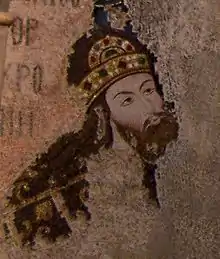 Mosaic fragment showing the head of a bearded man wearing a jewelled crown