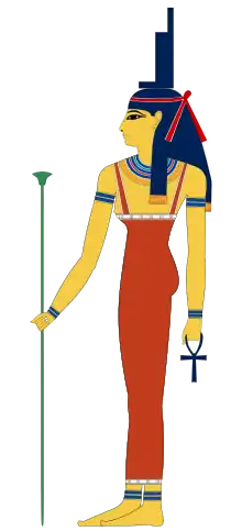 Profile of a woman in ancient Egyptian clothing. She has yellow skin and wears a headdress shaped like a tall chair.