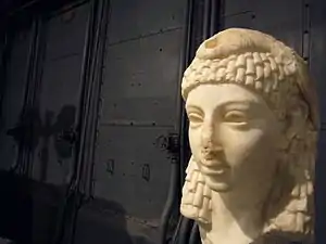 Possible sculpted head of Cleopatra VII wearing an Egyptian-style vulture headdress, discovered in Rome, either Roman or Hellenistic Egyptian art, Parian marble, 1st century BC, from the Capitoline Museums