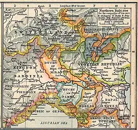 Northern Italy in 1796. The Duchy of Milan became the Transpadane Republic after the French occupation of 1796.