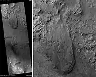 Ius Chasma Mesa, as seen by HiRISE.  Scale bar is 500 meters long.