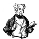 drawing of the head and torso of a bald white man of mature years, holding an open book, with a wry facial expression