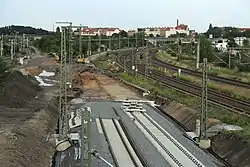 Leipzig-Dresden freight yard looking east prior to the pivoting the mainline tracks, 3 August 2014