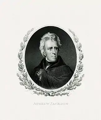 Engraved portrait of Jackson as president by the Bureau of Engraving and Printing. This portrait has appeared on the $20 bill since 1929..mw-parser-output cite.citation{font-style:inherit;word-wrap:break-word}.mw-parser-output .citation q{quotes:"\"""\"""'""'"}.mw-parser-output .citation:target{background-color:rgba(0,127,255,0.133)}.mw-parser-output .id-lock-free.id-lock-free a{background:url("//upload.wikimedia.org/wikipedia/commons/6/65/Lock-green.svg")right 0.1em center/9px no-repeat}body:not(.skin-timeless):not(.skin-minerva) .mw-parser-output .id-lock-free a{background-size:contain}.mw-parser-output .id-lock-limited.id-lock-limited a,.mw-parser-output .id-lock-registration.id-lock-registration a{background:url("//upload.wikimedia.org/wikipedia/commons/d/d6/Lock-gray-alt-2.svg")right 0.1em center/9px no-repeat}body:not(.skin-timeless):not(.skin-minerva) .mw-parser-output .id-lock-limited a,body:not(.skin-timeless):not(.skin-minerva) .mw-parser-output .id-lock-registration a{background-size:contain}.mw-parser-output .id-lock-subscription.id-lock-subscription a{background:url("//upload.wikimedia.org/wikipedia/commons/a/aa/Lock-red-alt-2.svg")right 0.1em center/9px no-repeat}body:not(.skin-timeless):not(.skin-minerva) .mw-parser-output .id-lock-subscription a{background-size:contain}.mw-parser-output .cs1-ws-icon a{background:url("//upload.wikimedia.org/wikipedia/commons/4/4c/Wikisource-logo.svg")right 0.1em center/12px no-repeat}body:not(.skin-timeless):not(.skin-minerva) .mw-parser-output .cs1-ws-icon a{background-size:contain}.mw-parser-output .cs1-code{color:inherit;background:inherit;border:none;padding:inherit}.mw-parser-output .cs1-hidden-error{display:none;color:#d33}.mw-parser-output .cs1-visible-error{color:#d33}.mw-parser-output .cs1-maint{display:none;color:#2C882D;margin-left:0.3em}.mw-parser-output .cs1-format{font-size:95%}.mw-parser-output .cs1-kern-left{padding-left:0.2em}.mw-parser-output .cs1-kern-right{padding-right:0.2em}.mw-parser-output .citation .mw-selflink{font-weight:inherit}html.skin-theme-clientpref-night .mw-parser-output .cs1-maint{color:#18911F}html.skin-theme-clientpref-night .mw-parser-output .cs1-visible-error,html.skin-theme-clientpref-night .mw-parser-output .cs1-hidden-error{color:#f8a397}@media(prefers-color-scheme:dark){html.skin-theme-clientpref-os .mw-parser-output .cs1-visible-error,html.skin-theme-clientpref-os .mw-parser-output .cs1-hidden-error{color:#f8a397}html.skin-theme-clientpref-os .mw-parser-output .cs1-maint{color:#18911F}}"$20 Note: Issued 1914–1990" (PDF). U.S. Currency Education Program. Archived from the original (PDF) on February 4, 2020.