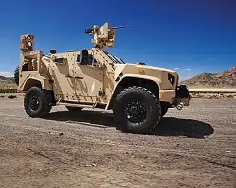 JLTV General Purpose variant fitted with a Boeing CLWS and a heavy machine gun-armed RWS