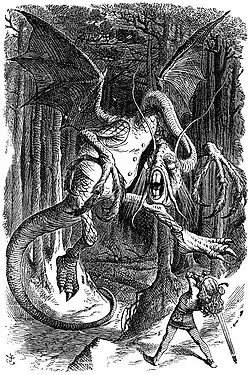 John Tenniel's illustration of the Jabberwock for Lewis Carroll's Through the Looking-Glass, showing the dragon as a myopic professor