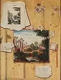 Trompe l'oeil of a wooden panelling with a painted canvas and print of a landscape capriccio, Jacobus Plasschaert, 1650s