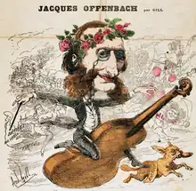 Drawing of Offenbach, in concert dress and a crown of roses, riding through the sky on a giant violin, accompanied by a dog called Barkouf, over a whimsical background composed of scenes from his operettas and flowers