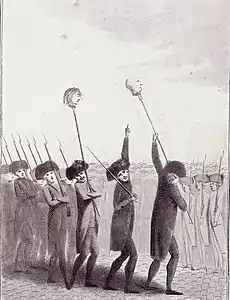 Engraving c. 1789 of French militia hoisting the heads of Jacques de Flesselles and the Marquis de Launay on pikes