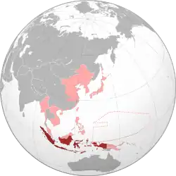 The former Dutch East Indies (dark red) within the Empire of Japan (light red) at its furthest extent