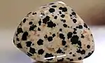 "Dalmatian jasper" – not a jasper at all but a form of the igneous rock perthite. The black spots are composed of the rare amphibole arfvedsonite (and not, as often claimed, of tourmaline). Polished pebble.