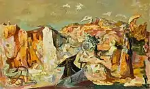 semi-abstract image of two figures in a rugged landscape