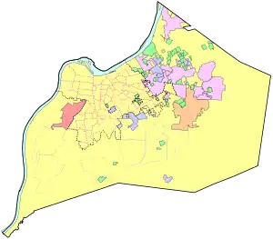 Territory in yellow represents the "balance" population of Louisville.