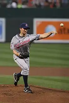 Jeremy Sowers throws a pitch, wearing a Cleveland Indians uniform