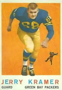 A color photo of Jerry Kramer running towards the camera, with the text "Jerry Kramer, Guard, Green Bay Packers" in a black bar below the photo.