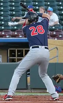 A man in a navy blue baseball jersey and gray pants standing at bat.