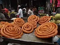 Shahi jilapi, meaning King's jilapi, in Dhaka, Bangladesh. It is the largest form of the dessert.