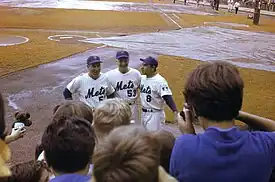 Bullpen coach Joe Pignatano, third base coach Eddie Yost, and first base coach Yogi Berra in  September 1969.