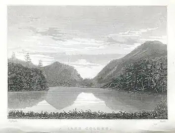 Mt. Colden, Caribou Mt., and Lake Colden as seen from the southwest.  From Joel Tyler Headley's The Adirondack; or Life in the Woods (1849)