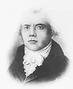  Black and white bust painting of a young man with neckerchief in a coat. The hair is only faintly painted and looks grey.