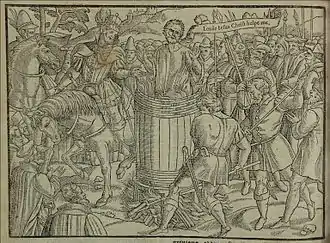 A sixteenth-century woodcut of John Badby being burned to death