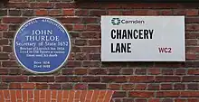 Blue plaque to John Thurloe in Chancery Lane near Lincoln's Inn in London